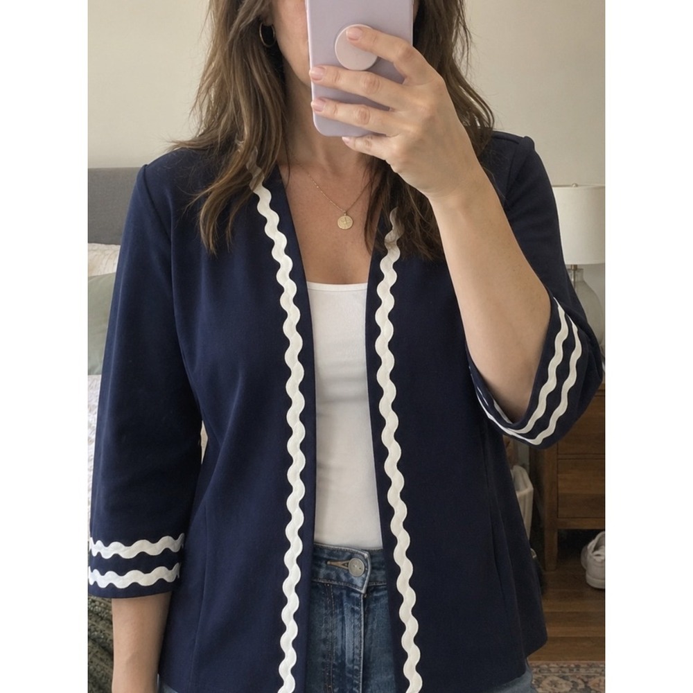 Bob Mackie Cardigan XS Navy Blue White Ric Rac Trim Cotton Knit NWT - Picture 9 of 10